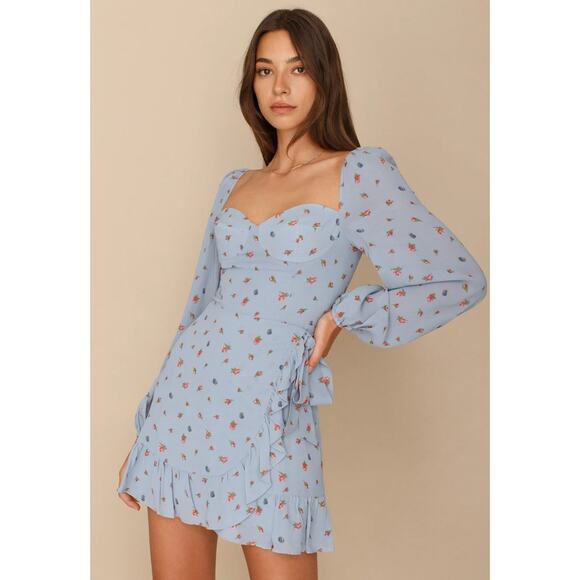 reformation blue floral mini dress REFORMATION Cher Floral-Print Silk-Satin Mini Dress